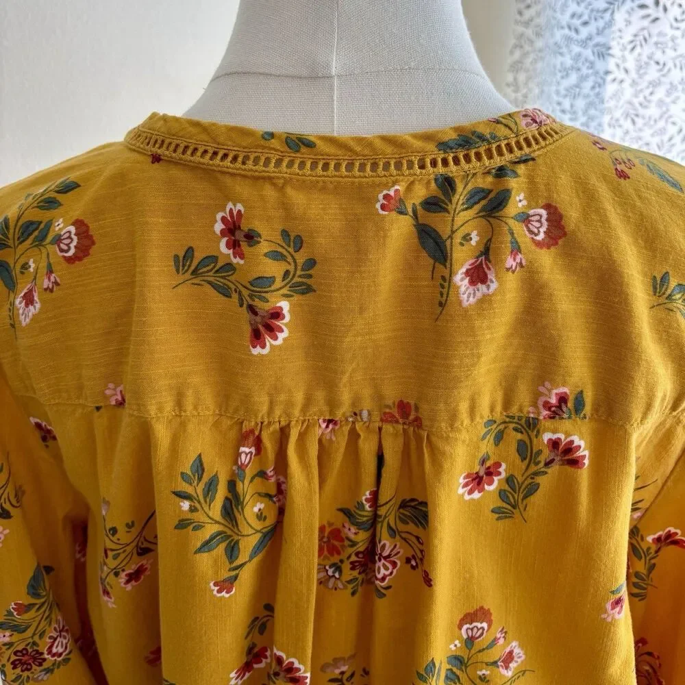 St Johns Bay Womens L Mustard Floral Blouse Surplice Smocked Hem Long Sleeve